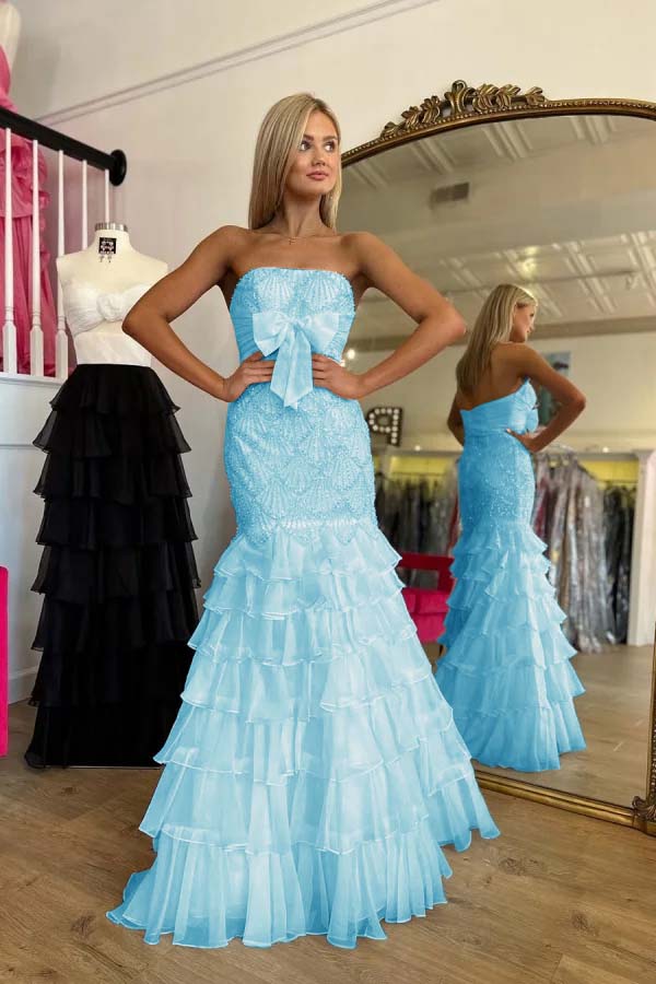 Strapless Sleeveless Long Mermaid Prom Dress With Beading Ruffle