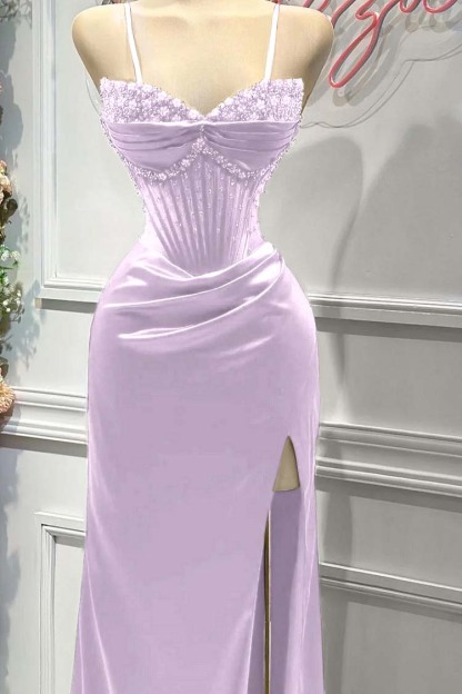 Red Spaghetti Strap Sleeveless Beading Long Prom Dress With Split