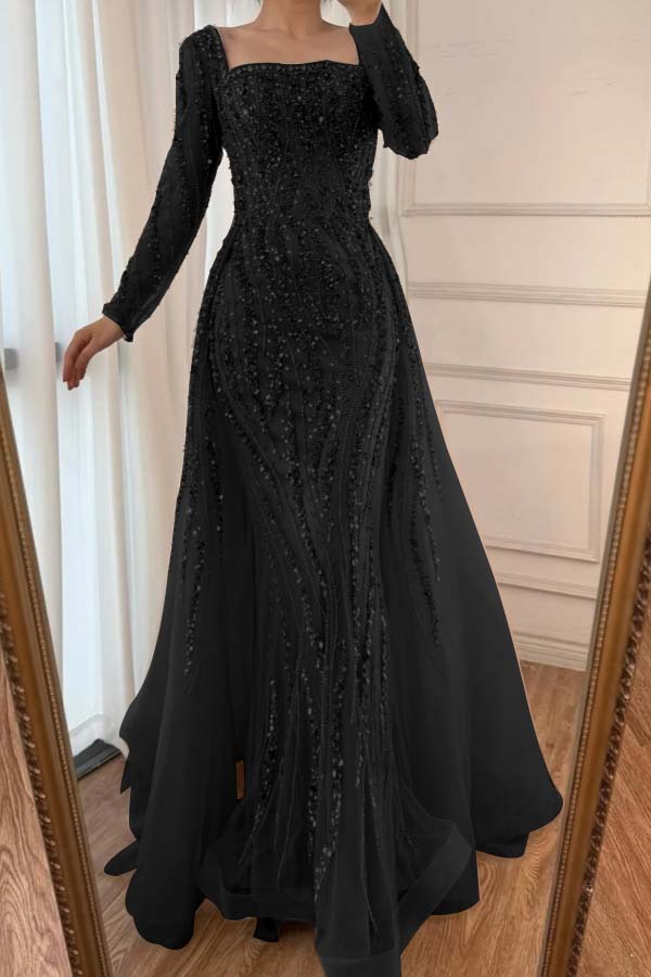 Square Neck Long Sleeves Long Mermaid Prom Dress With Beading Tulle
