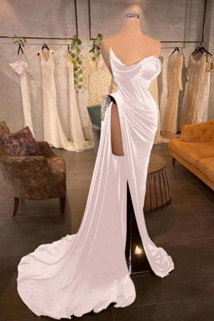 Strapless Sleeveless Long Prom Dress With High Split Pleated Beading