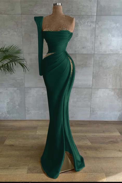 One Shoulder Long Sleeve Long High Split Prom Dress With Beading
