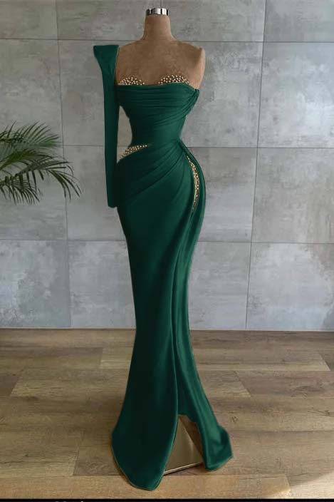 One Shoulder Long Sleeve Long High Split Prom Dress With Beading