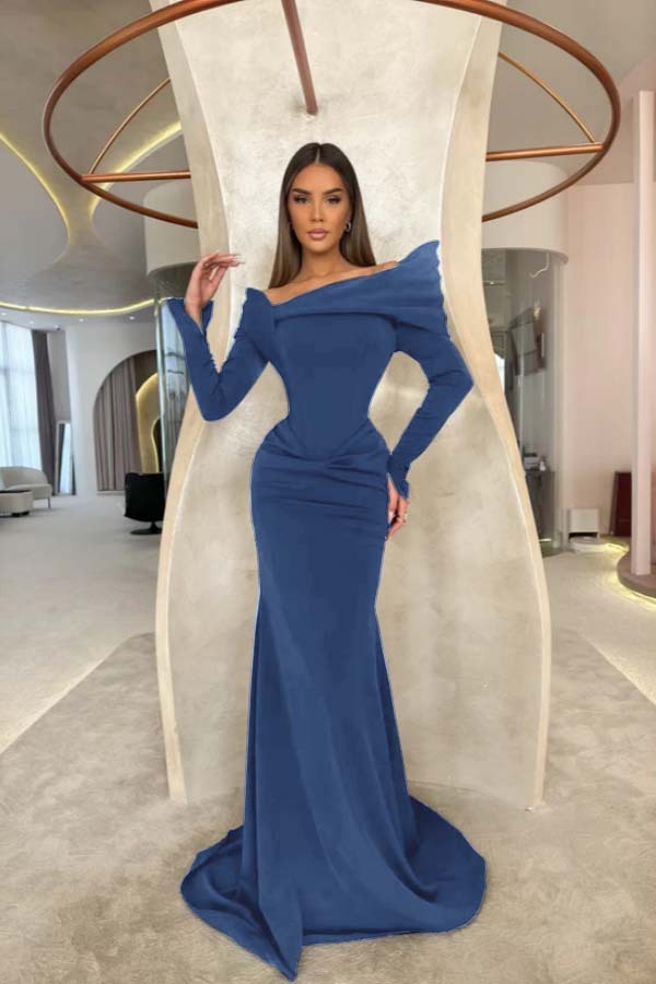 Off the Shoulder Long Sleeves Long Mermaid Prom Dress With Pleated