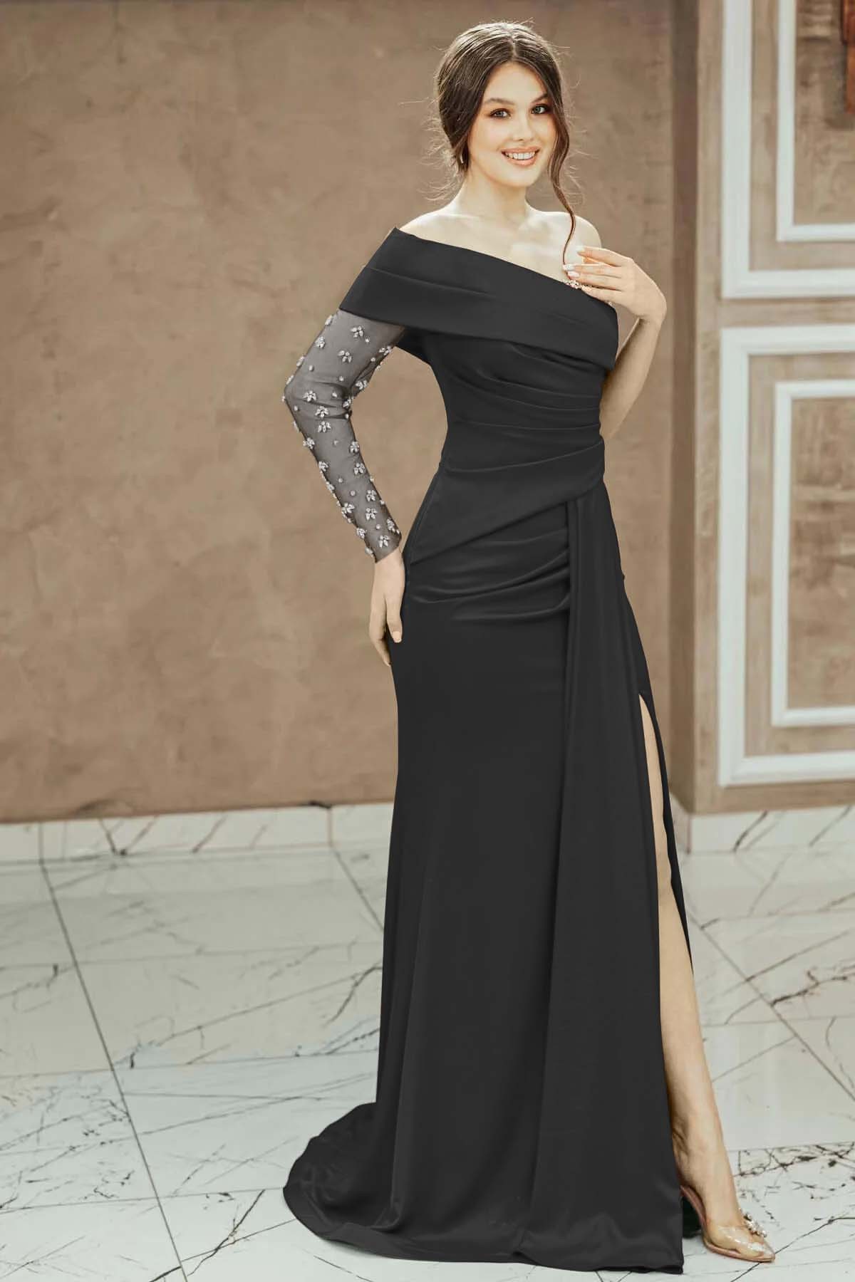 Red Beadings One Shoulder Pleated Prom Dress Split Mermaid With Long Sleeve