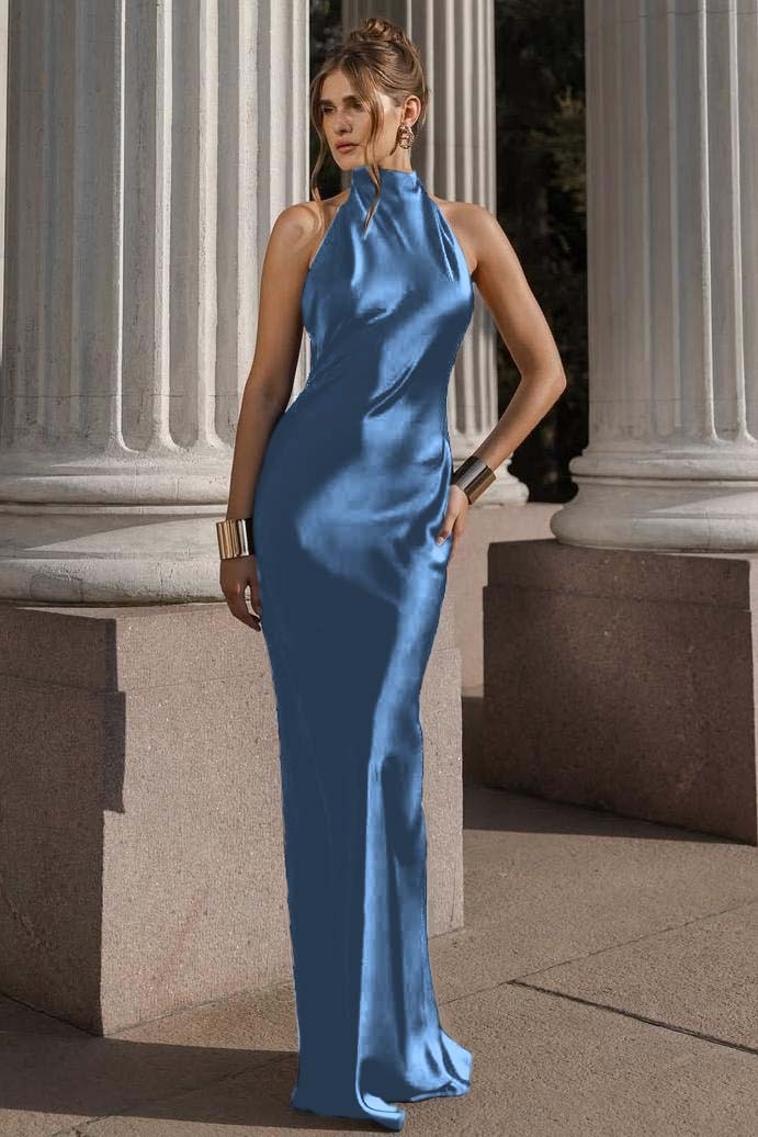 Halter Sleeveless Backless Mermaid Long Prom Dress With Pleated