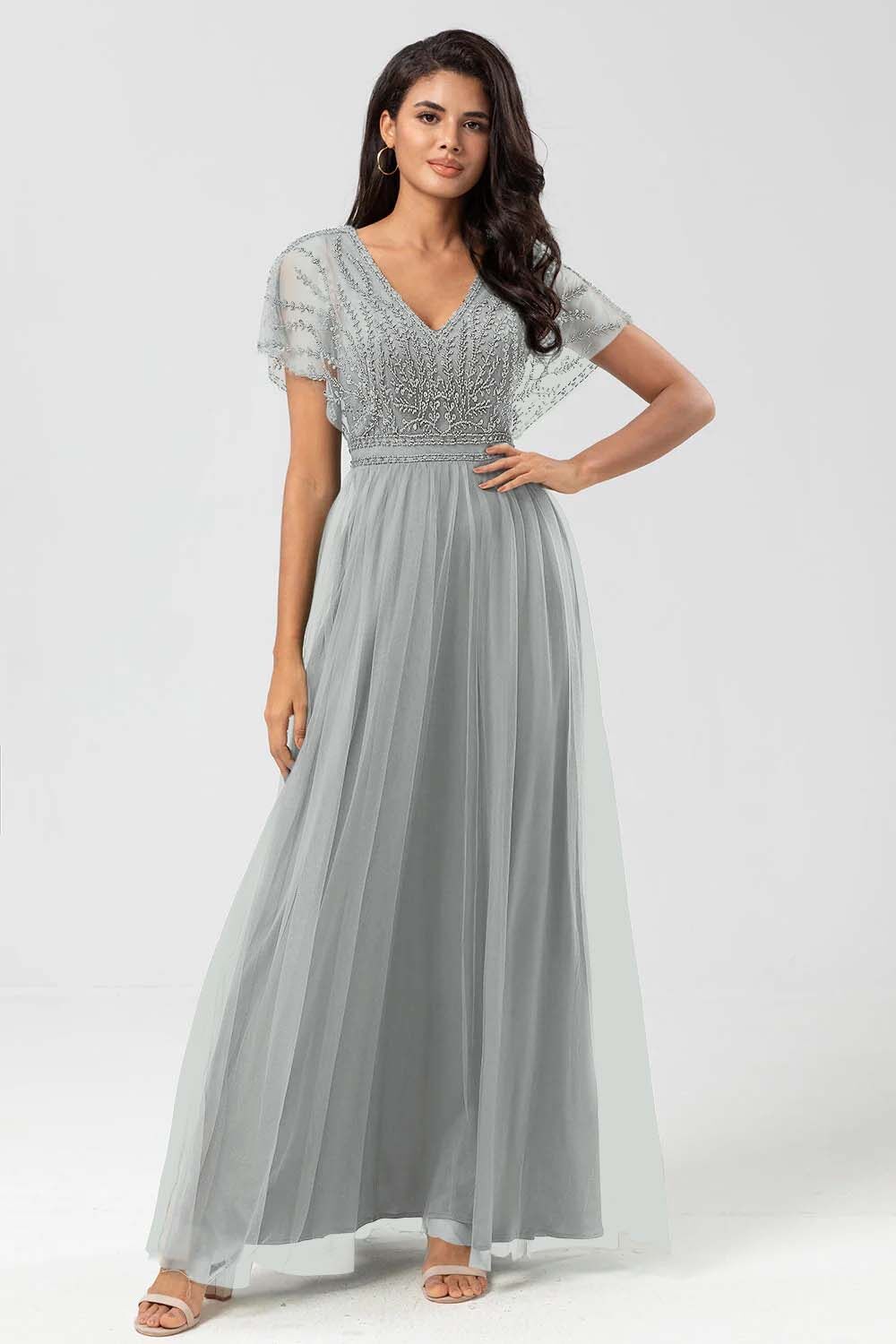 Tulle Short Sleeves V Neck A Line Long Prom Dress With Appliques