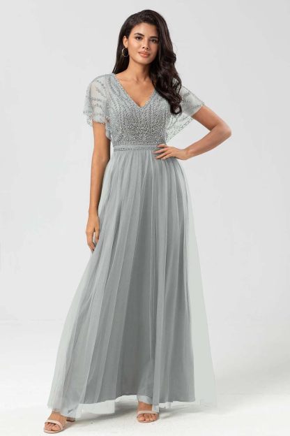 Tulle Short Sleeves V Neck A Line Long Prom Dress With Appliques