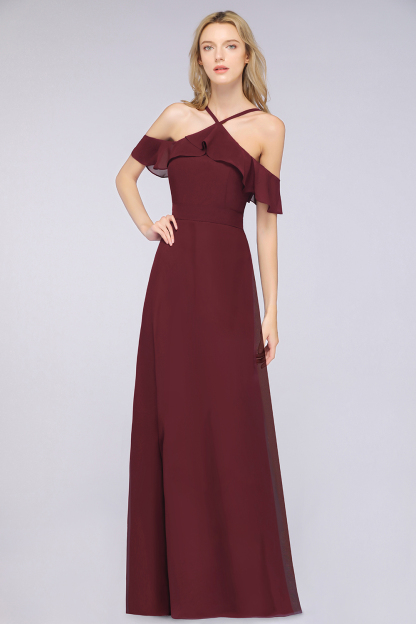 BMbridal Affordable Spaghetti Straps Burgundy Long Bridesmaid Dress With Bow Sash-BMbridal