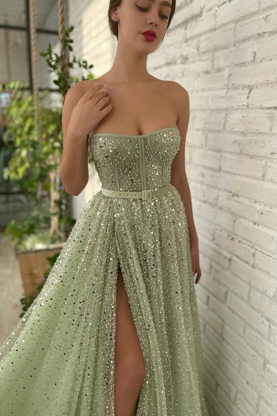Sage Strapless A Line Prom Dress High Split Long With Sequins Belt