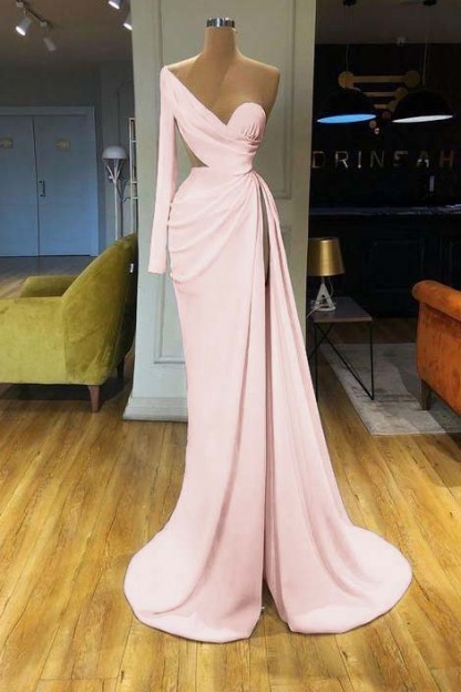 White Long Sleeve Sweetheart Mermaid Prom Dress One Shoulder With Split