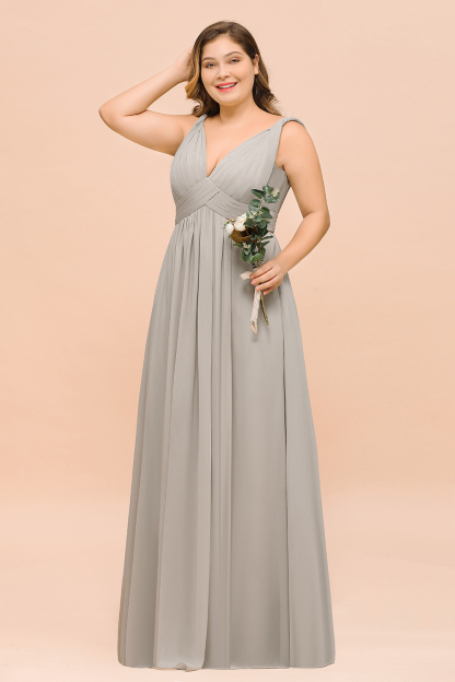BMbridal Plus Size Chiffon V-neck Sleeveless Affordable Bridesmaid Dress with Ruffle-BMbridal