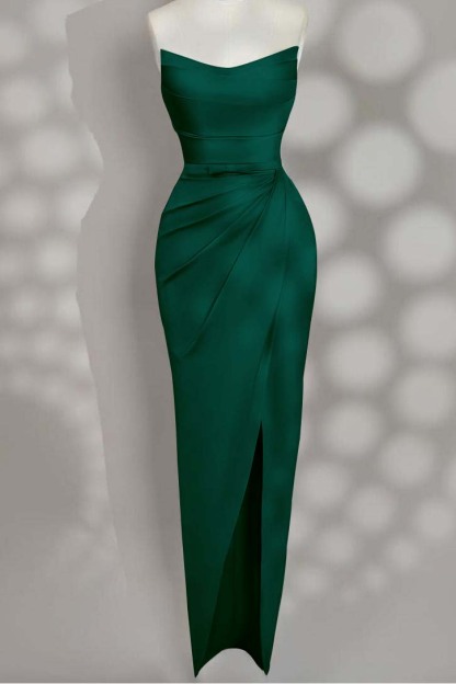 Strapless Sleeveless Long Split Prom Dress With Pleated Bowknot