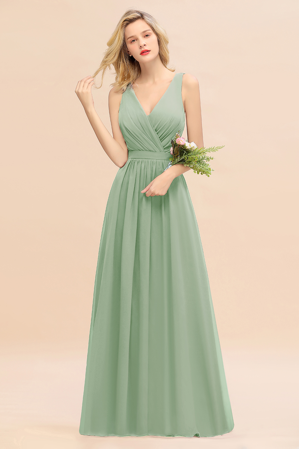 BMbridal Affordable V-Neck Ruffle Long Grape Chiffon Bridesmaid Dress with Bow-BMbridal