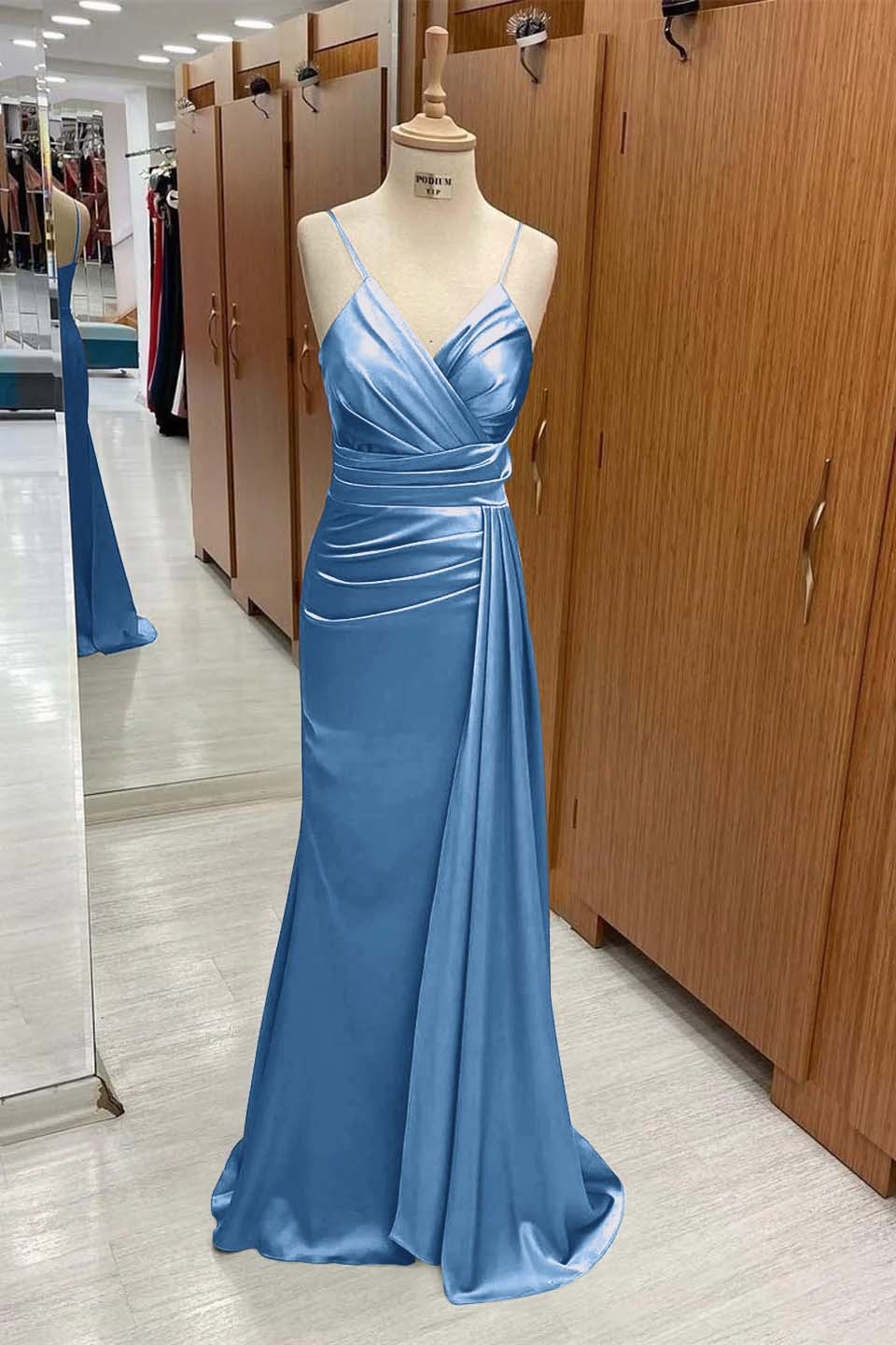 Spaghetti Strap Sleeveless Long Mermaid Prom Dress With Pleated