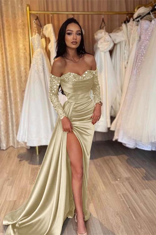 Off the Shoulder Long Sleeves Long Mermaid Prom Dress With Pleated