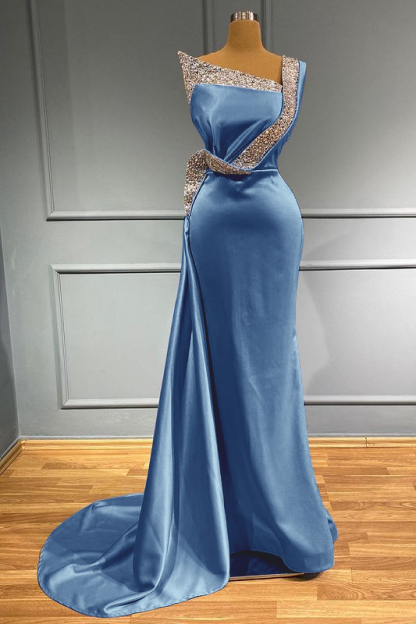 Light Blue One Shoulder Sleeveless Mermaid Long Beads Prom Dress With Ruffles