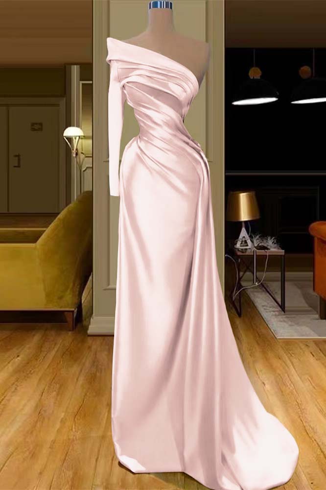 Glamorous One Shoulder Champagne Long Sleeve Prom Dress Mermaid With Pleated