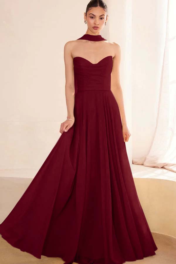 Chiffon Strapless Sleeveless Long A Line Prom Dress With Pleated