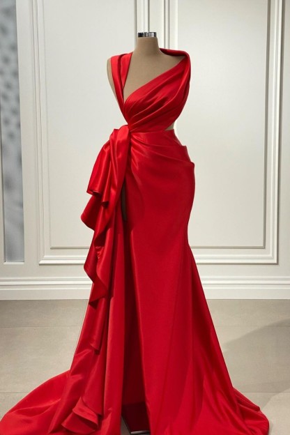 Elegant Red Charmeuse Sleeveless Long Prom Dress With High Slit