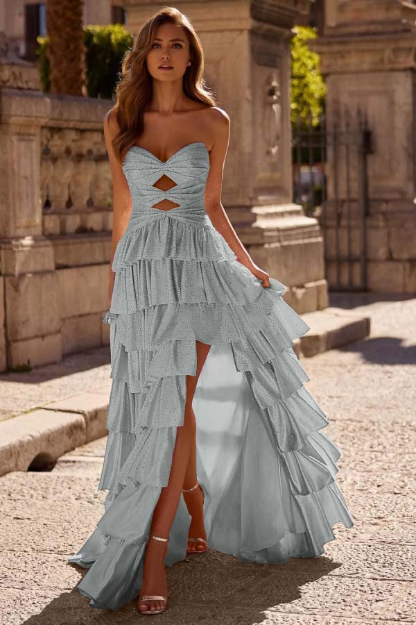 Strapless Sleeveless Long Split Prom Dress With Pleated Beading