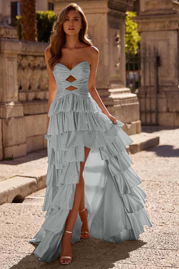 Strapless Sleeveless Long Split Prom Dress With Pleated Beading