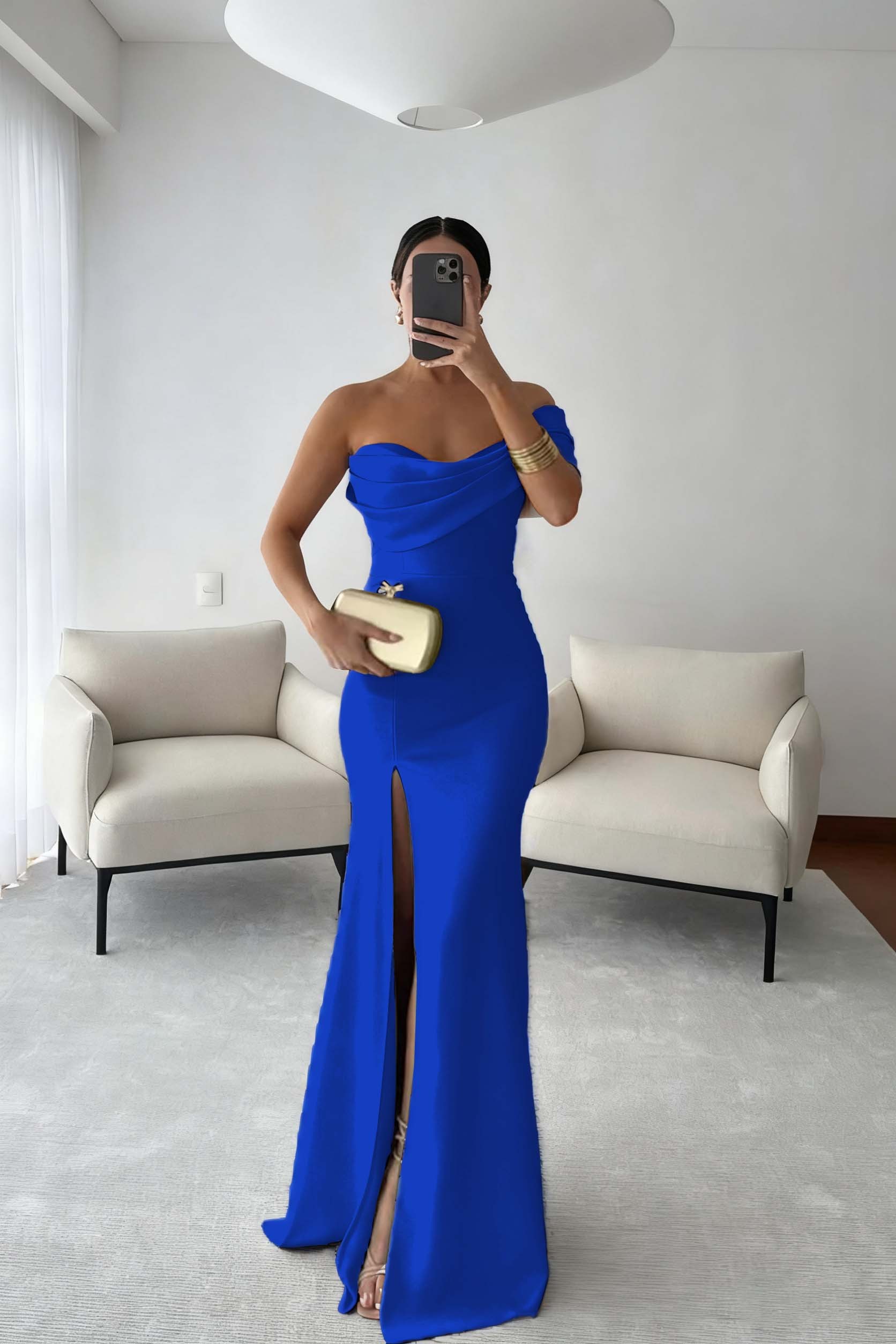 One Shoulder Sleeveless Long Mermaid Prom Dress With Split Pleated