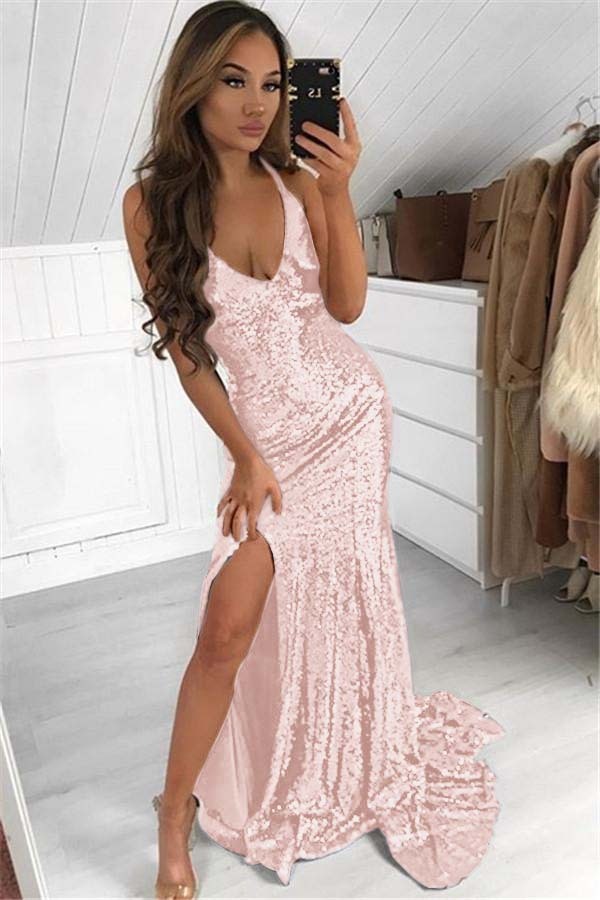 Dark Navy Halter Sleeveless Split Long Sequins Prom Dress Modern V Neck