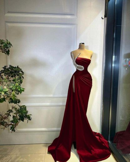 Strapless Sleeveless Long Mermaid Split Prom Dress With Beading