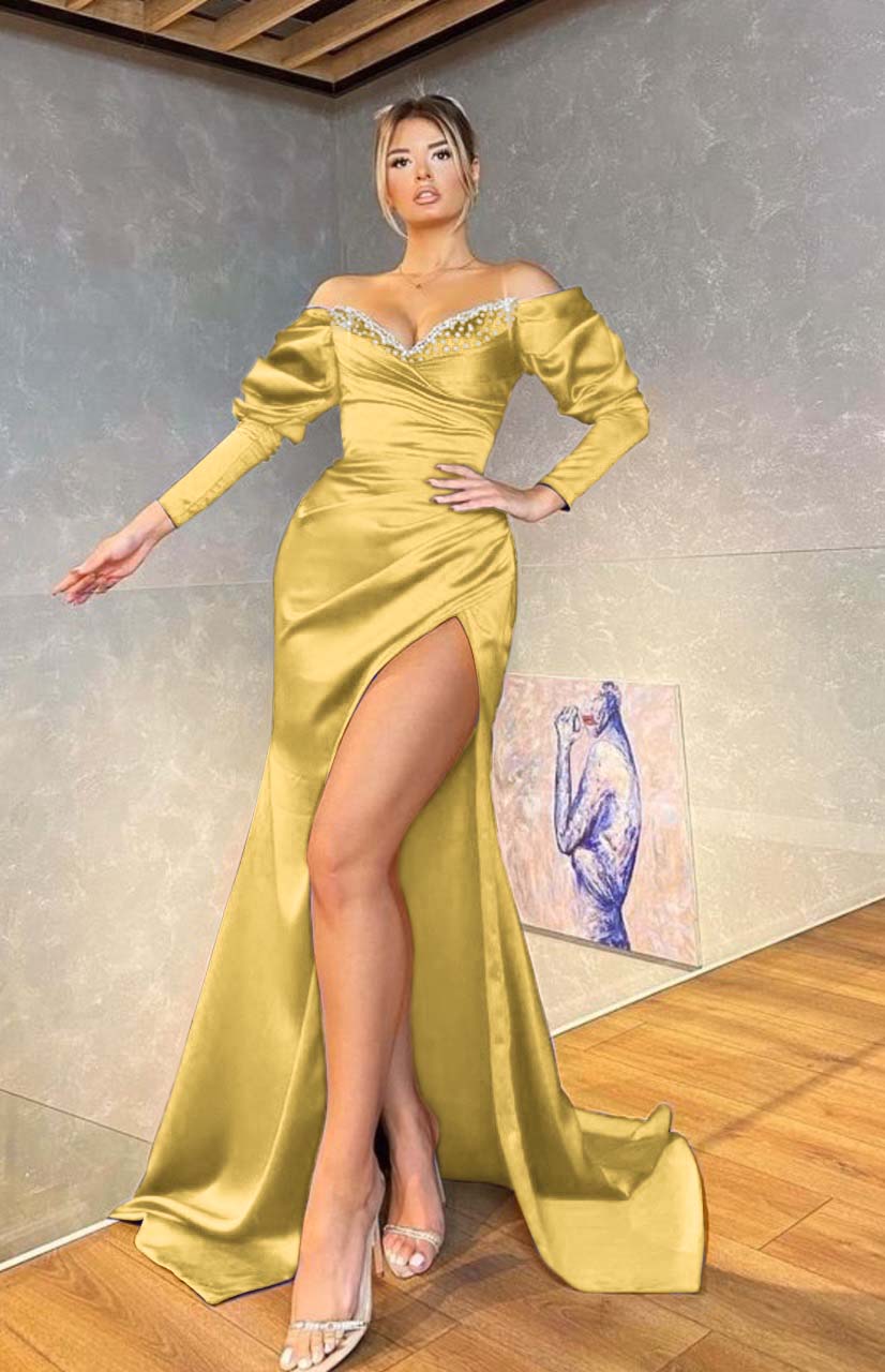 Off the Shoulder Mermaid Royal Blue Long Sleeves Prom Dress Beading