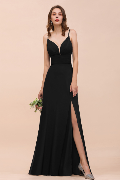 BMbridal Deep V Neck Spaghetti Straps Slit Long Black Bridesmaid Dress-BMbridal