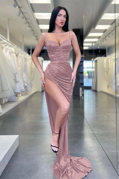 Burgundy Spaghetti Strap Sequins Sleeveless Mermaid Prom Dress With Split