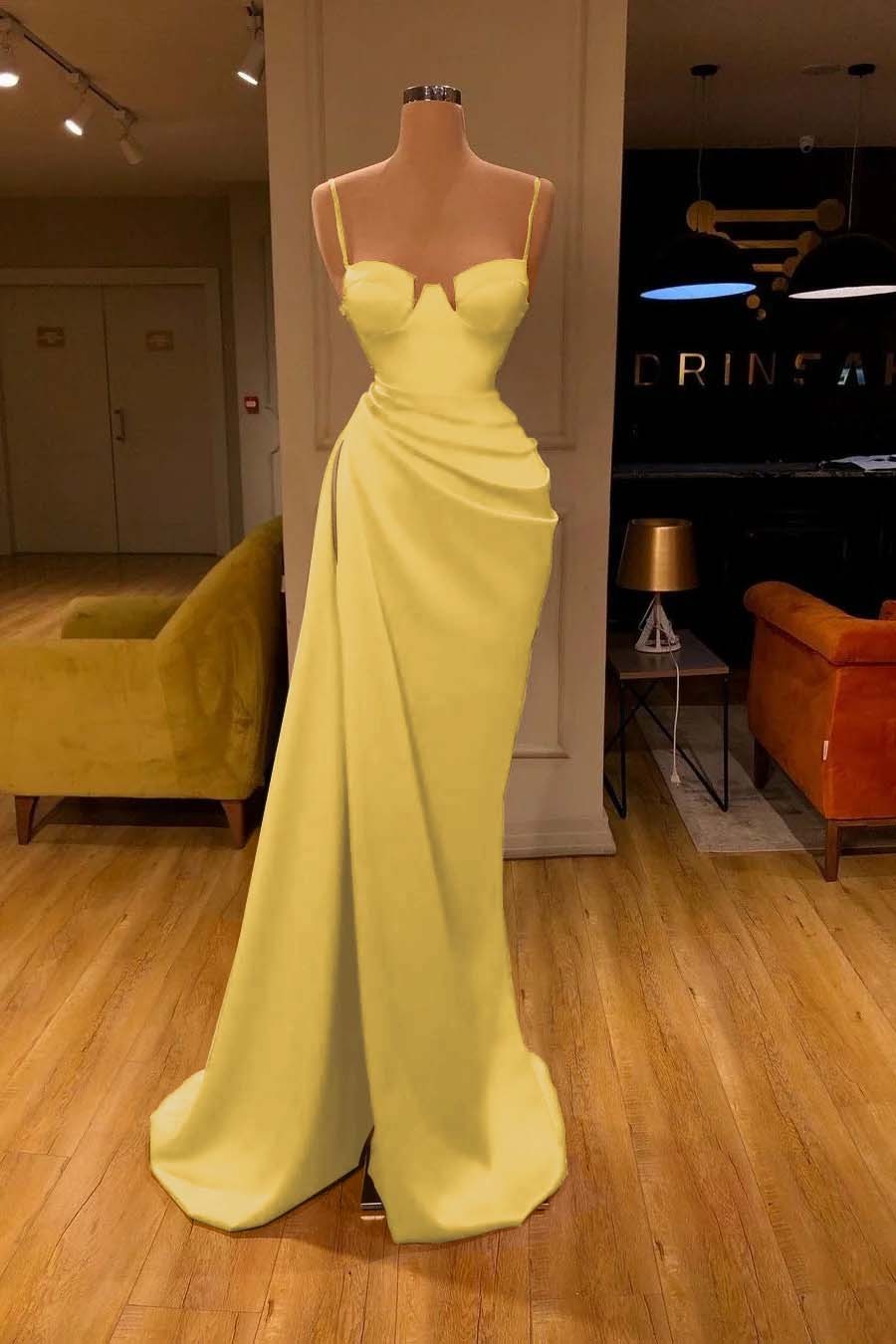 Mermaid Red Spaghetti Strap Sleeveless Pleated Prom Dress With High Split