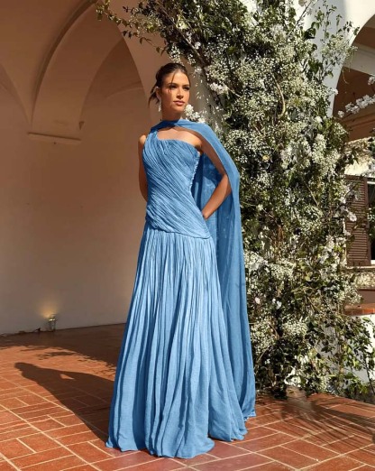 Chic One Shoulder Sleeveless Long Prom Dress With Pleated Shawl