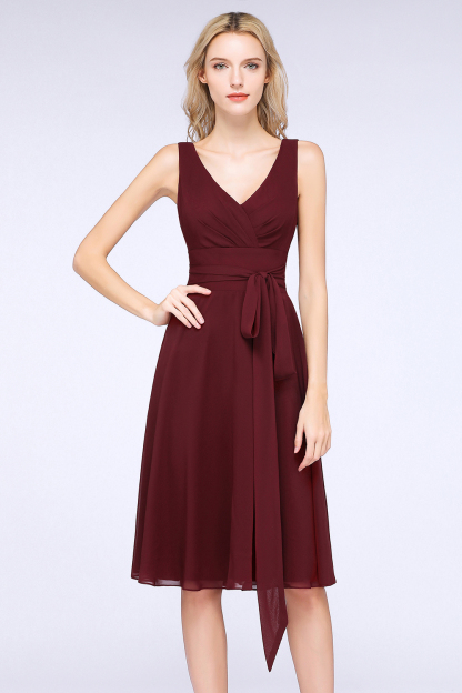 BMbridal Elegant Straps V-Neck  Ruffle Short Burgundy Bridesmaid Dress with Bow Sash-BMbridal