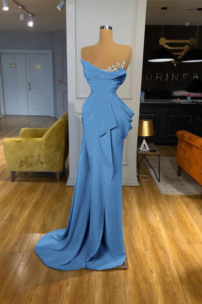 Orange Sequins Mermaid Online Strapless Pleated Prom Dress With Sleeveless