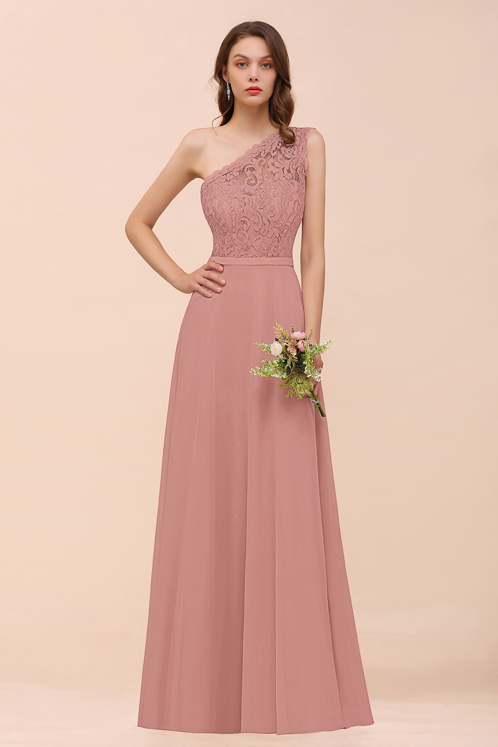 BMbridal New Arrival Dusty Rose One Shoulder Lace Long Bridesmaid Dress-BMbridal