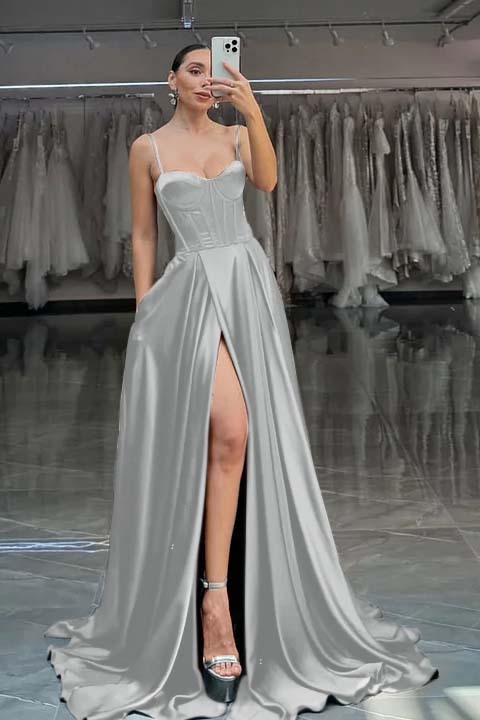 Spaghetti Strap Sleeveless Long Split Prom Dress With Pleated