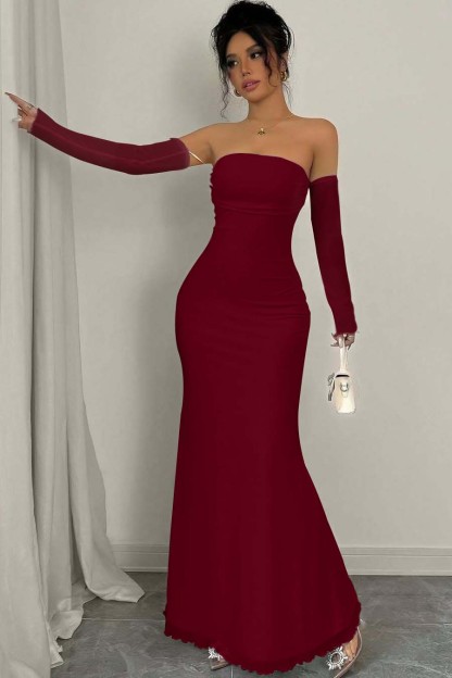 Strapless Long Mermaid Prom Dress With Detachable Sleeves Pleated