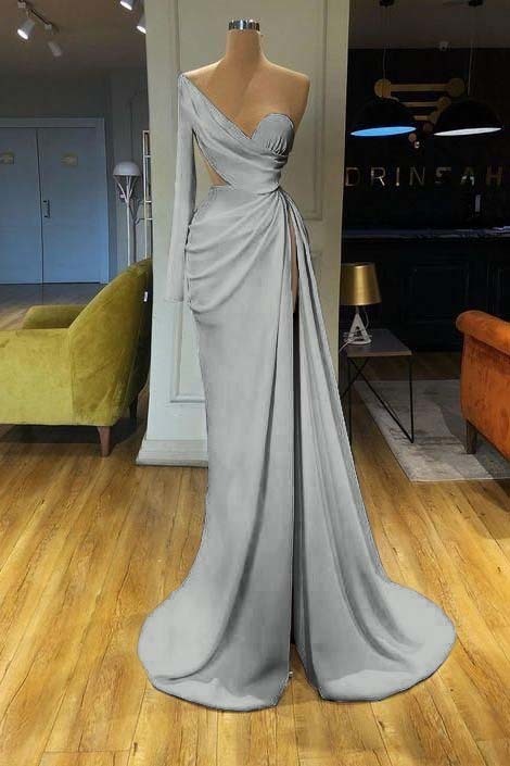 White Long Sleeve Sweetheart Mermaid Prom Dress One Shoulder With Split
