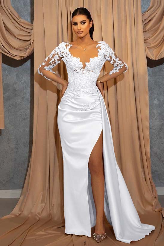 Deep V Neck Beads Long Sleeves Lace Appliques Pleated Prom Dress With Ruffles