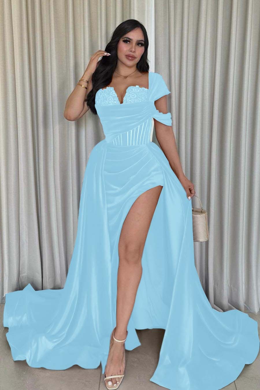 One Shoulder Sleeveless Long Mermaid Prom Dress With Split Pleated