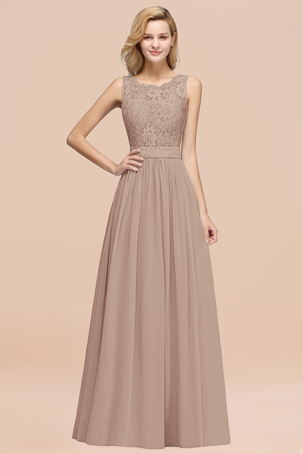 BMbridal Elegant Chiffon Lace Scalloped Sleeveless Ruffle Bridesmaid Dresses-BMbridal