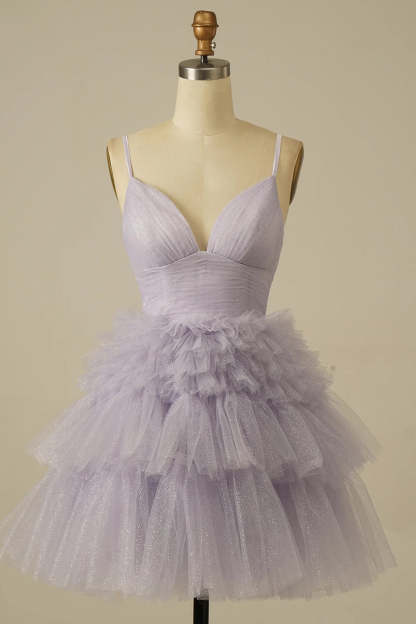 Glitter Black Tiered Spaghetti Straps Short Homecoming Dress