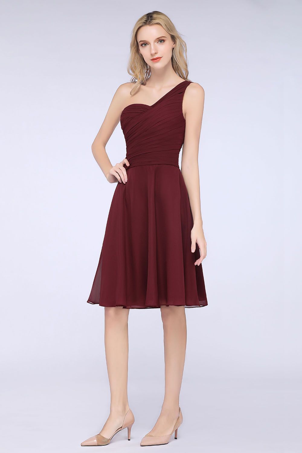 BMbridal Chic One-Shoulder Short Burgundy Affordable Bridesmaid Dress with Ruffle-BMbridal