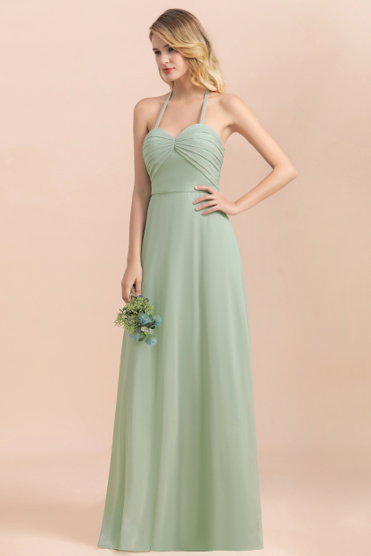 BMbridal Affordable Halter Sweetheart Chiffon Dusty Sage Bridesmaid Dresses-BMbridal