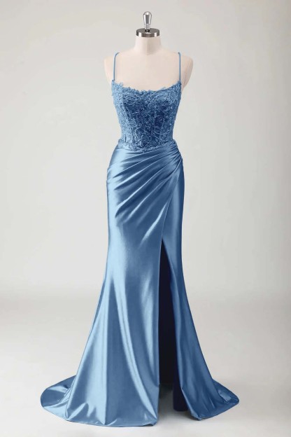 Spaghetti Strap Sleeveless Long High Split Prom Dress With Appliques