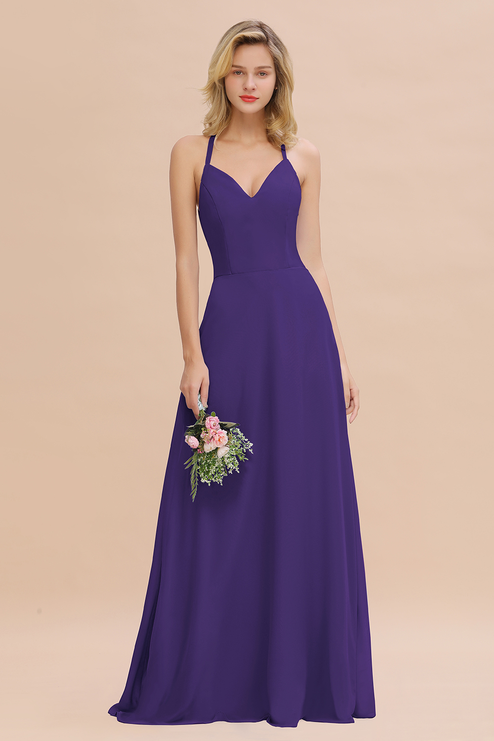 BMbridal Modest Halter V-Neck Sleeveless Long Bridesmaid Dresses Online-BMbridal