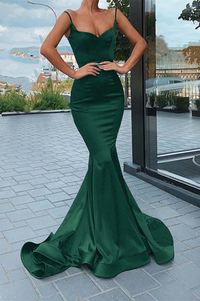 Chic Black Spaghetti Strap Sleeveless Long Mermaid Prom Dress With Pleated