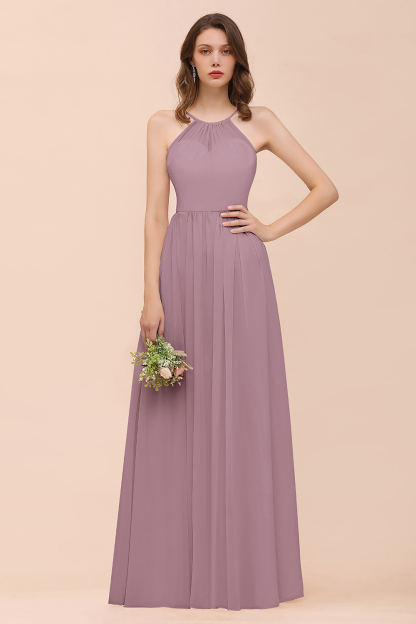 BMbridal Gorgeous Chiffon Halter Ruffle Affordable Long Bridesmaid Dress-BMbridal