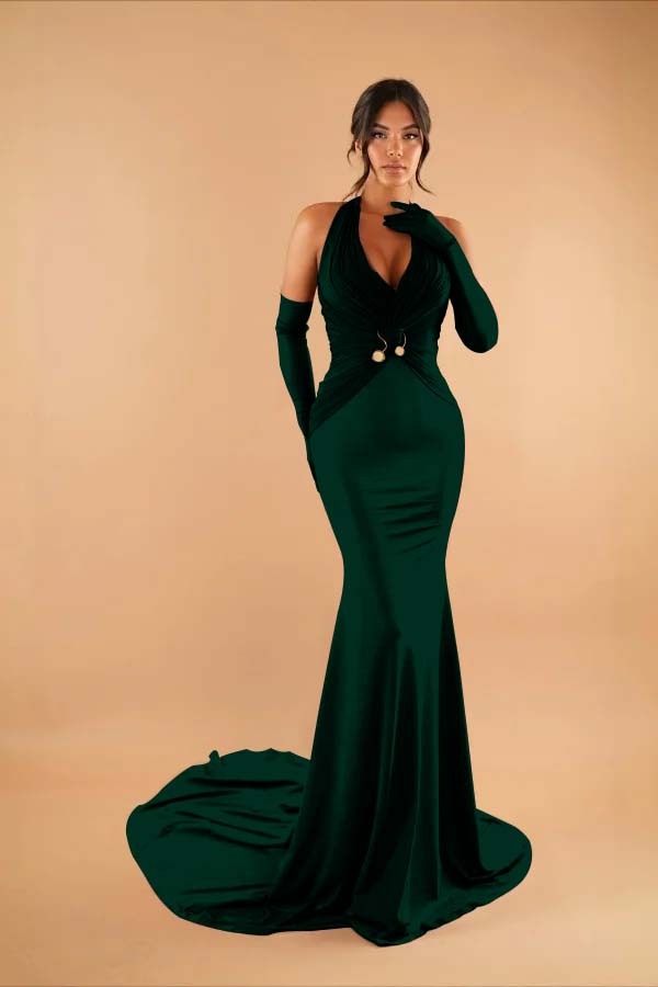 Halter Sleeveless Long Mermaid Prom Dress With Pleated Gloves